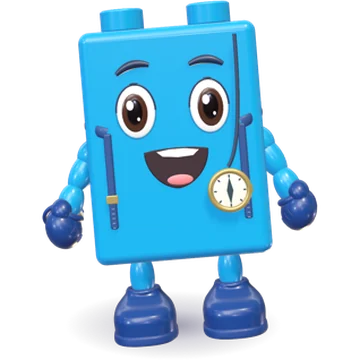 Bloo, a blue brick-shaped OutBrick friend wearing a wristwatch on a lanyard.