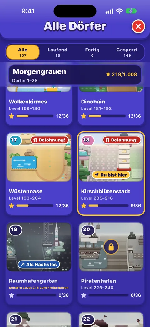 Alle Dörfer: Filter für Alle (167), In Arbeit, Abgeschlossen und Gesperrt; eine Überschrift für die Dörfer 1 bis 28 mit 217 von 1.008 Sternen; und Dorfkarten mit Levels und Sternen, etwa das Kirschblütendorf, Level 205 bis 216, 9 von 36 Sternen, markiert mit „Du bist hier“, und das nächste Dorf, das sich mit Level 216 öffnet.