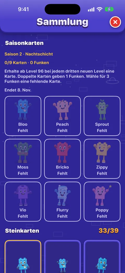 Die Sammlung bei den Saisonkarten: Saison 2, 0 von 9 Karten und 0 Funken, die Regeln (ab Level 96 eine Karte alle drei neuen Level, Doppelte geben einen Funken, drei Funken für eine fehlende Karte) und die neun Freunde, jeder als „Fehlt“ markiert. Darunter beginnen die Steinkarten, 33 von 39.