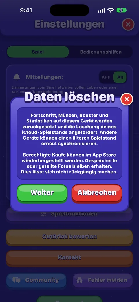 Die Karte „Daten löschen“ über den Einstellungen, mit der vollständigen Warnung und den Tasten Fortfahren und Abbrechen.