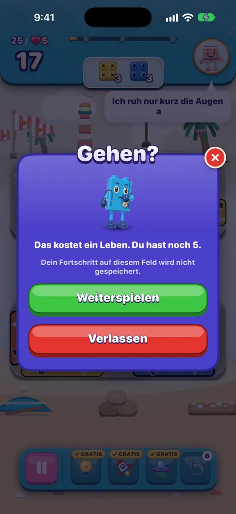 Die Karte Gehen?: Das kostet ein Leben. Du hast noch 5. Dein Fortschritt auf diesem Feld wird nicht gespeichert. Tasten: Weiterspielen und Verlassen.