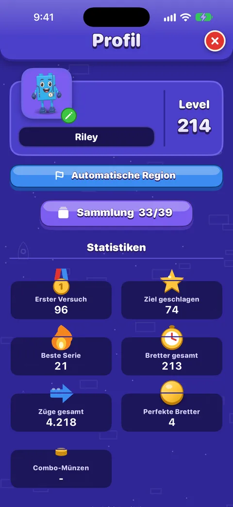 Dein Profil: der blaue Freund als Avatar mit Bearbeiten-Stift, der Name Riley, Level 214, automatische Region, Sammlung 33 von 39 und die Statistik: 96 Siege im ersten Versuch, 74 Mal das Ziel geschlagen, beste Serie 21, 213 geschaffte Bretter, 4.218 Züge und 3 perfekte Bretter.