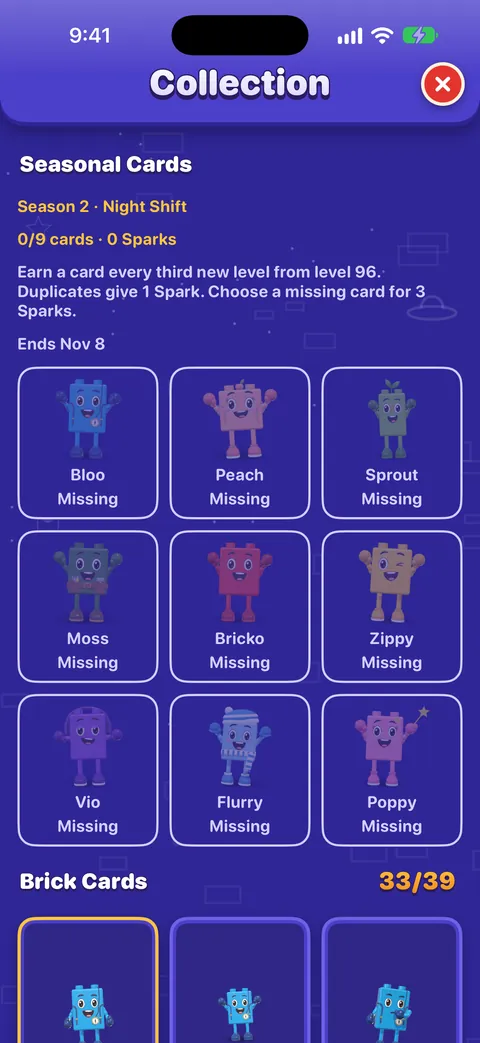 The Collection on Seasonal Cards: Season 2, Night Shift, 0 of 9 cards and 0 Sparks, the rules (a card every third new level from level 96, duplicates give a Spark, three Sparks choose a missing card), and the nine friends, each marked Missing. Brick Cards, 33 of 39, start below.