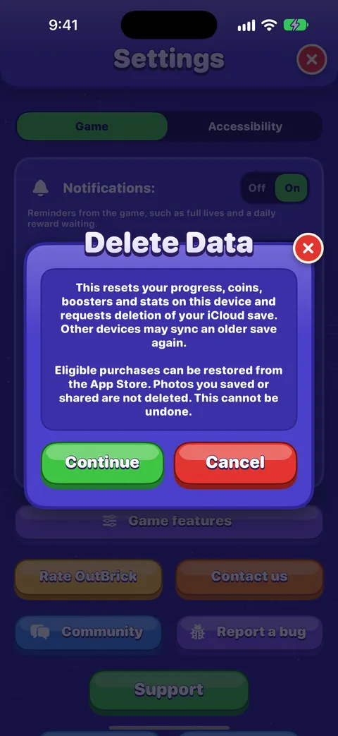 The Delete Data card over Settings, with its full warning and Continue and Cancel buttons.