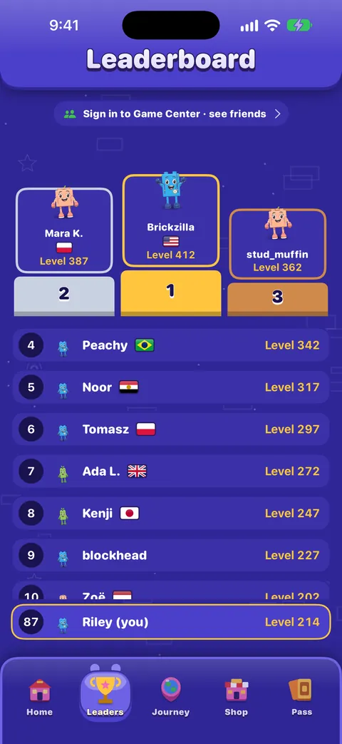 The Leaderboard tab with example standings: a podium for the top three players with their flags and levels, then a ranked list, and your own row pinned at the bottom (87th, level 214). A bar at the top offers Game Center sign-in to see friends.