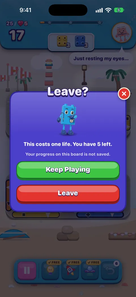 The Leave? card: This costs one life. You have 5 left. Your progress on this board is not saved. Buttons: Keep Playing and Leave.
