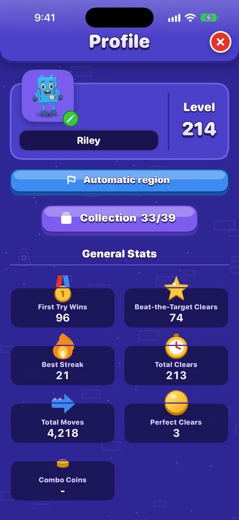 Your Profile: the blue friend as avatar with an edit pencil, the name Riley, Level 214, Automatic region, Collection 33 of 39, and General Stats: 96 first-try wins, 74 beat-the-target clears, a best streak of 21, 213 total clears, 4,218 moves and 3 perfect clears.
