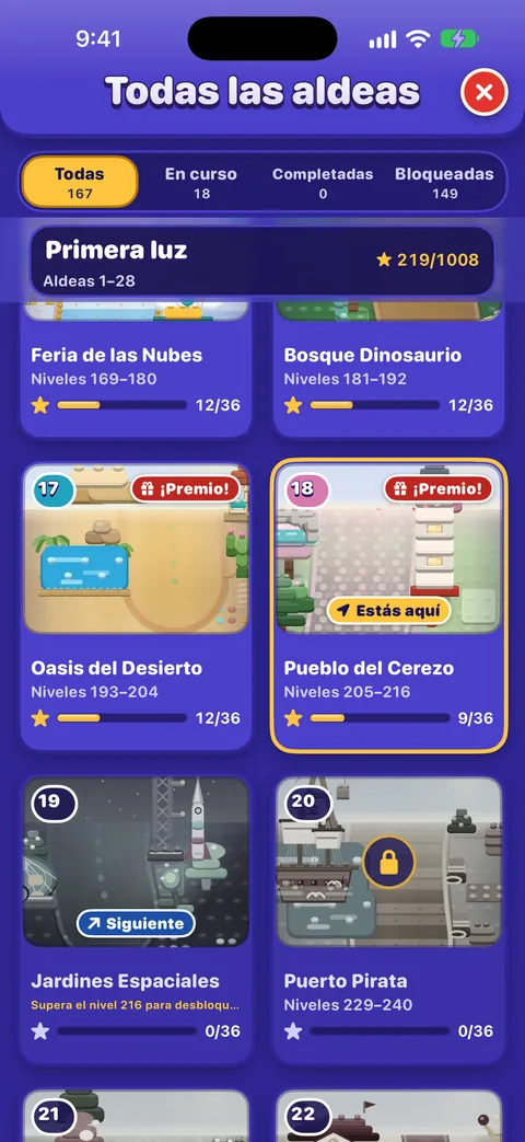 Todas las aldeas: filtros Todas (167), En curso, Completadas y Bloqueadas; un encabezado para las aldeas 1 a 28 con 217 de 1.008 estrellas; y tarjetas de aldea con sus niveles y estrellas, como la aldea de los cerezos en flor, niveles 205 a 216, 9 de 36 estrellas, marcada Estás aquí, y la siguiente, que se desbloquea al superar el nivel 216.