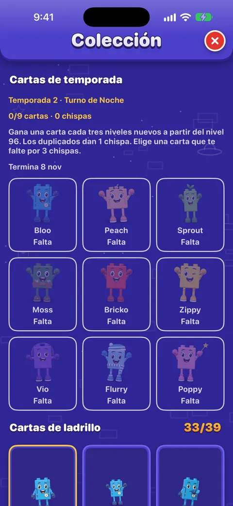 La Colección en las cartas de temporada: temporada 2, 0 de 9 cartas y 0 chispas, las reglas (una carta cada tres niveles nuevos desde el nivel 96, los duplicados dan una chispa, tres chispas para elegir una carta que falta) y los nueve amigos, cada uno marcado como que falta. Debajo empiezan las cartas de ladrillo, 33 de 39.