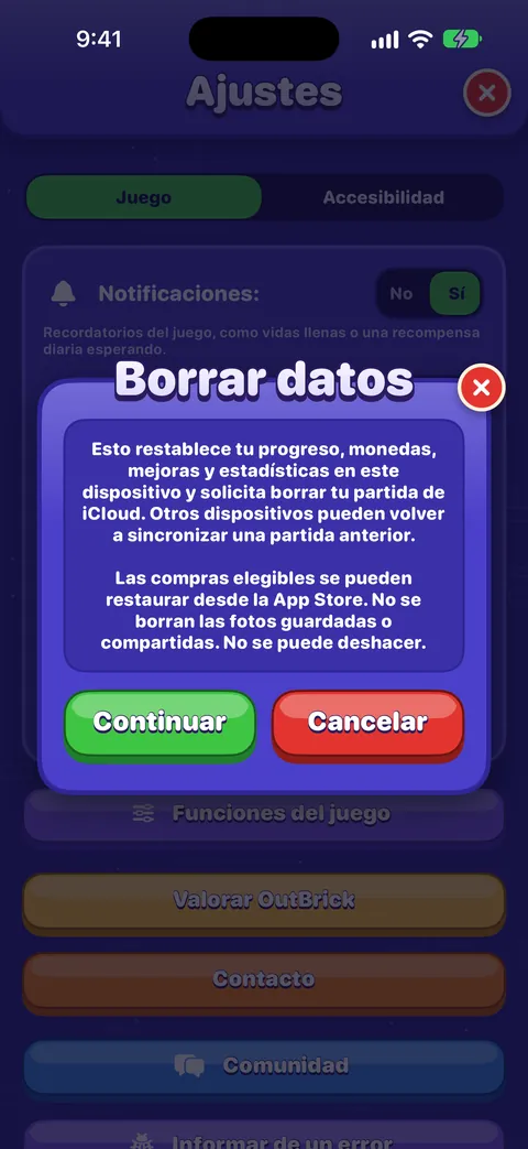 La tarjeta para borrar los datos sobre Ajustes, con la advertencia completa y los botones Continuar y Cancelar.