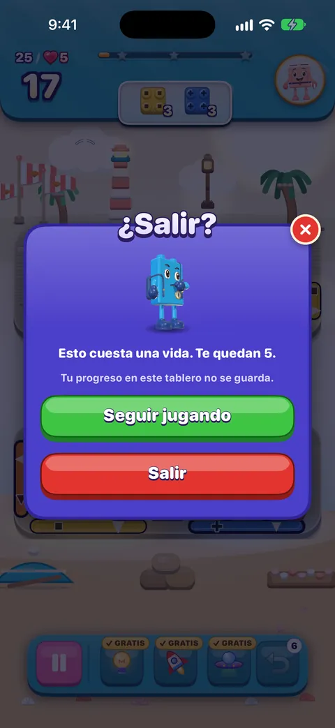 La tarjeta ¿Salir?: Esto cuesta una vida. Te quedan 5. Tu progreso en este tablero no se guarda. Botones: Seguir jugando y Salir.
