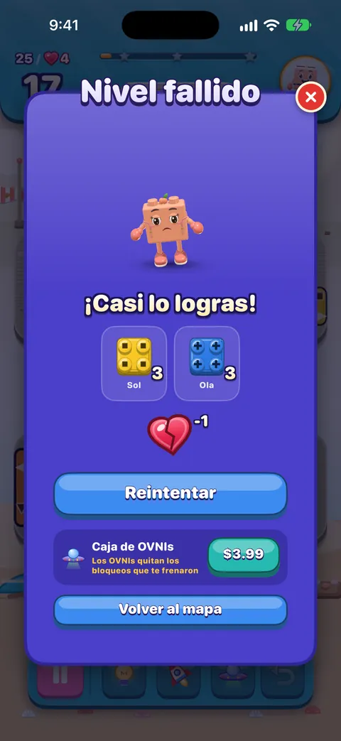 Nivel fallido: un amigo triste, «¡Casi lo logras!», los objetivos que faltan (3 ladrillos de sol y 3 de ola), un corazón roto que indica una vida usada, un botón azul Reintentar, una oferta opcional y Volver al mapa.