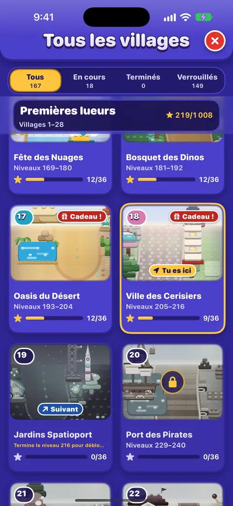 Tous les villages : des filtres Tous (167), En cours, Terminés et Verrouillés ; un titre pour les villages 1 à 28 avec 217 étoiles sur 1 008 ; et des cartes de village avec leurs niveaux et étoiles, comme le village des cerisiers en fleurs, niveaux 205 à 216, 9 étoiles sur 36, marqué Vous êtes ici, et le suivant, qui se débloque en réussissant le niveau 216.