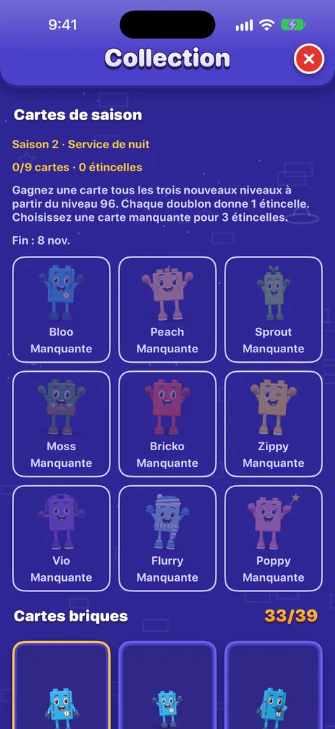 La Collection sur les cartes de saison : saison 2, 0 carte sur 9 et 0 étincelle, les règles (une carte tous les trois nouveaux niveaux à partir du niveau 96, un doublon donne une étincelle, trois étincelles pour choisir une carte manquante), et les neuf amis, chacun marqué Manquant. Les cartes briques, 33 sur 39, suivent en dessous.