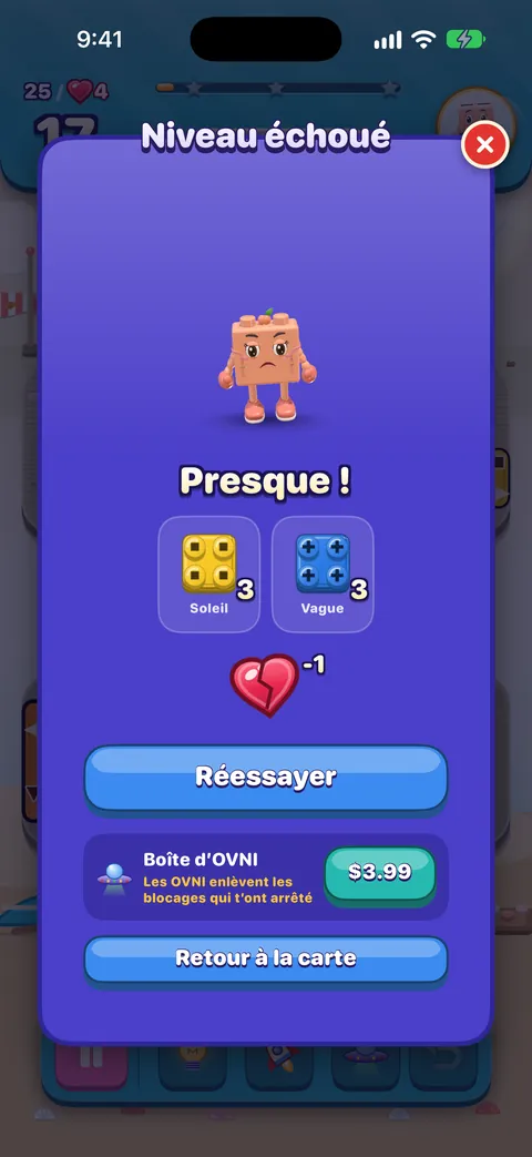 Niveau raté : un ami triste, « Presque ! », les objectifs restants (3 briques soleil et 3 briques vague), un cœur brisé indiquant une vie utilisée, un bouton bleu pour réessayer, une offre facultative et le retour à la carte.