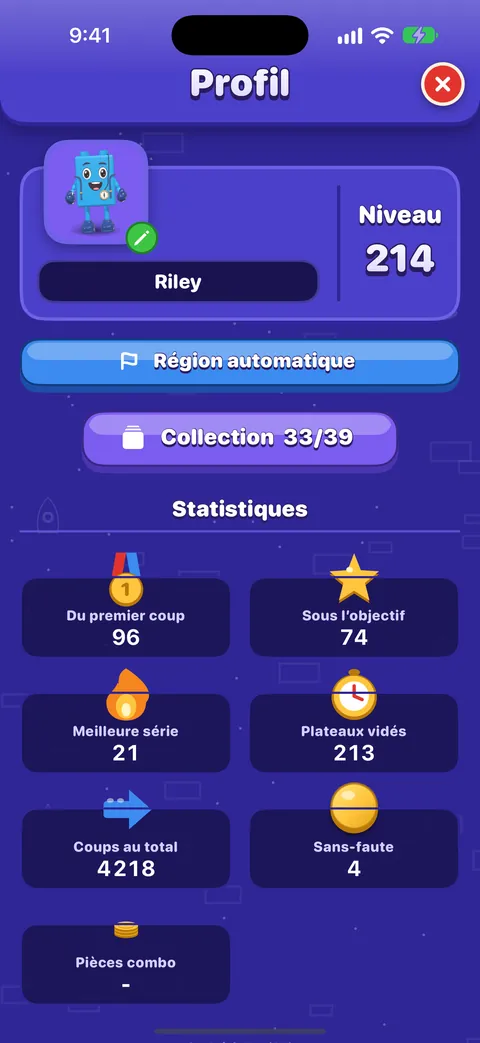 Votre profil : l’ami bleu en avatar avec un crayon pour le modifier, le nom Riley, niveau 214, région automatique, Collection 33 sur 39, et les statistiques : 96 victoires du premier coup, 74 objectifs battus, une meilleure série de 21, 213 plateaux réussis, 4 218 coups et 3 plateaux parfaits.