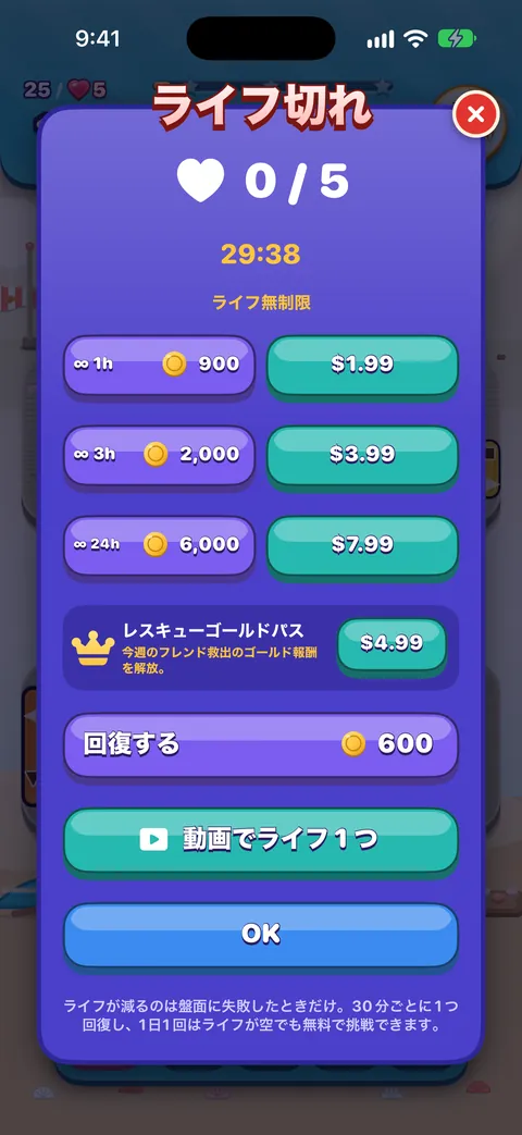 ライフ切れ:ライフ0/5と次のライフまでのカウントダウン。その下に1時間・3時間・24時間のライフ無制限(コインまたは購入)、600コインで満タン、動画を見てライフ1、OK。下の注記には、ライフが減るのは盤面に負けたときだけ、30分ごとに1つ戻る、1日1回は空のときに無料で挑戦できる、と書かれています。