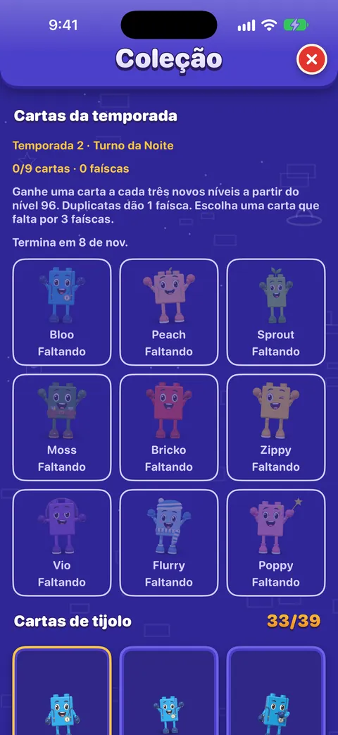 A Coleção nas cartas da temporada: temporada 2, 0 de 9 cartas e 0 faíscas, as regras (uma carta a cada três fases novas a partir da fase 96, repetidas dão uma faísca, três faíscas escolhem uma carta que falta) e os nove amigos, cada um marcado como faltando. As cartas de tijolo, 33 de 39, começam abaixo.