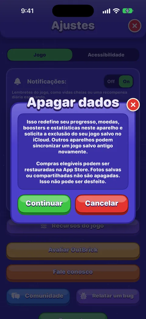 O cartão de apagar dados sobre os Ajustes, com o aviso completo e os botões Continuar e Cancelar.
