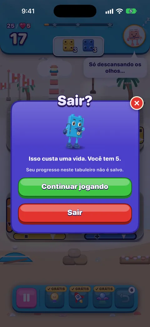 O cartão Sair?: Isso custa uma vida. Você tem 5. Seu progresso neste tabuleiro não é salvo. Botões: Continuar jogando e Sair.