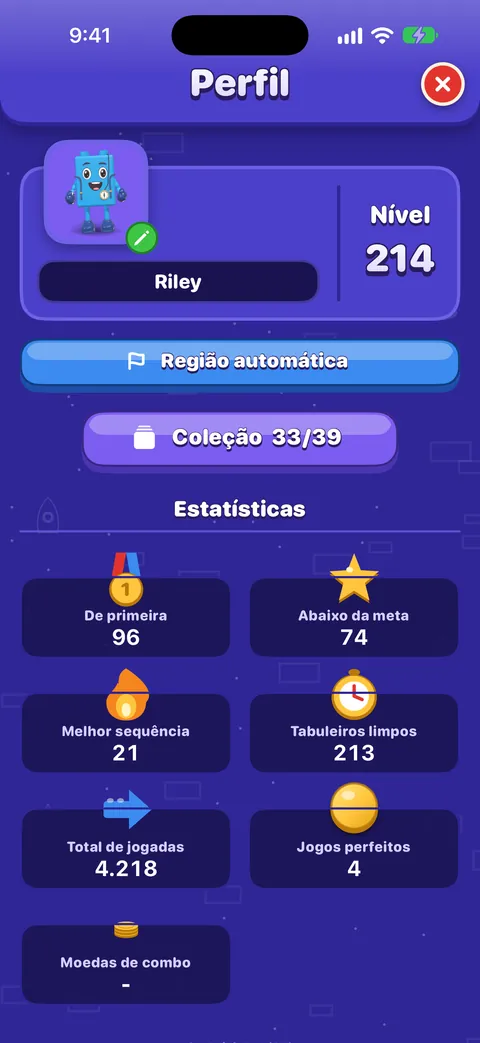 Seu perfil: o amigo azul como avatar com um lápis para editar, o nome Riley, fase 214, região automática, Coleção 33 de 39 e as estatísticas: 96 vitórias de primeira, 74 metas superadas, melhor sequência de 21, 213 tabuleiros concluídos, 4.218 jogadas e 3 tabuleiros perfeitos.
