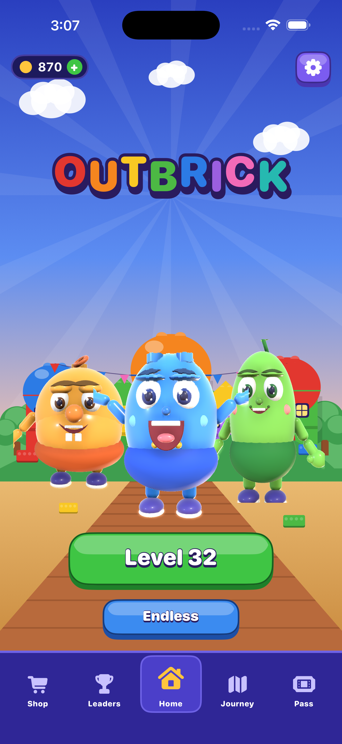 OutBrick Home screen with Bloo, Peach, and Sprout
