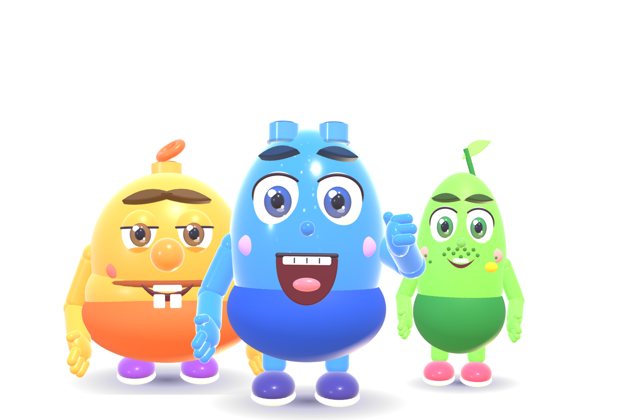 Bloo, Peach, and Sprout OutBrick mascot group