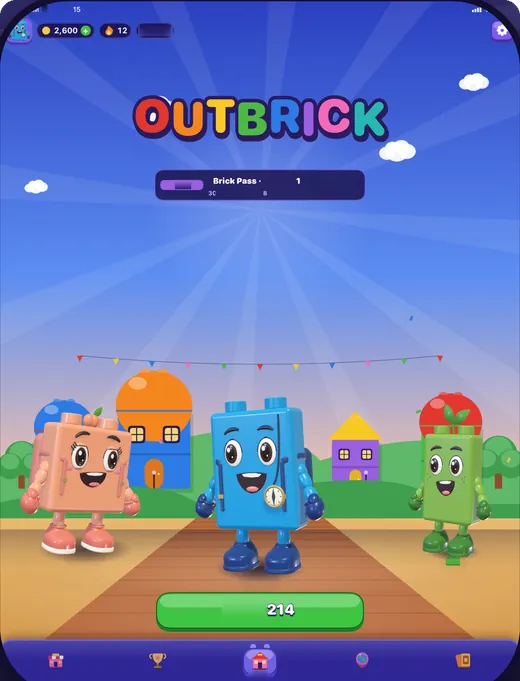 iPad पर OutBrick: होम स्क्रीन, जिसमें Peach, Bloo और Sprout ईंटों के एक गाँव के सामने खड़े हैं।