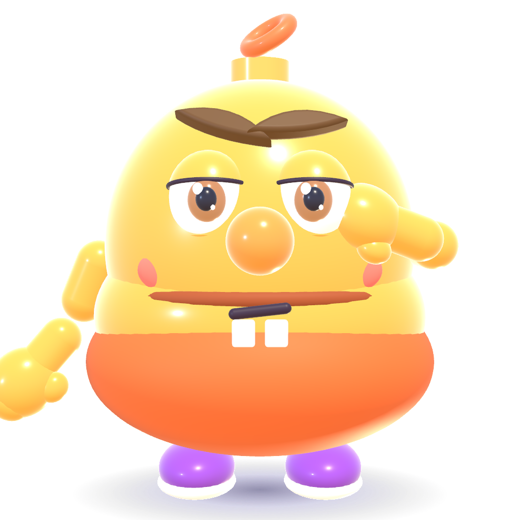 Peach mascot Peach, the orange OutBrick mascot, thinking with one hand outstretched