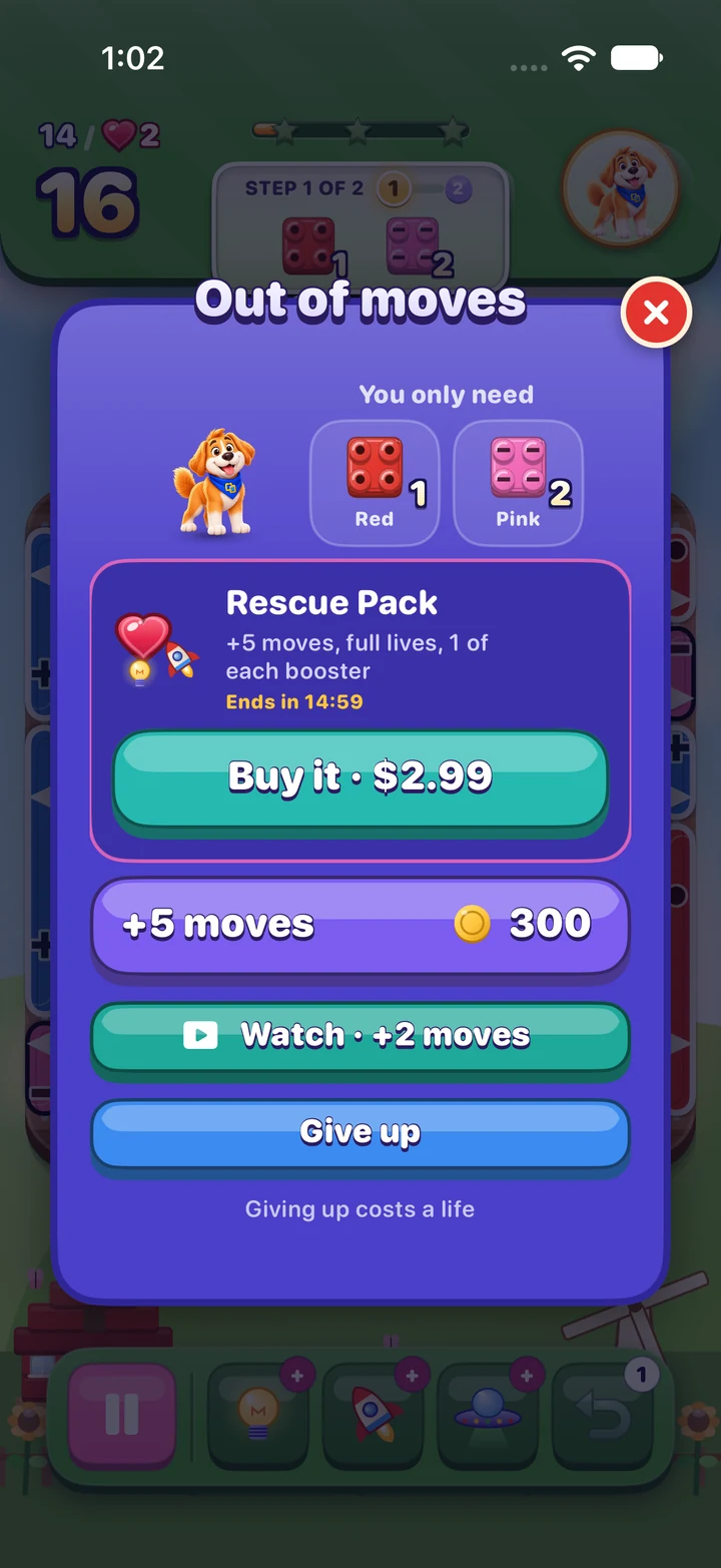 The current OutBrick out-of-moves wall with Max and the continue and rewarded-move offers visible.