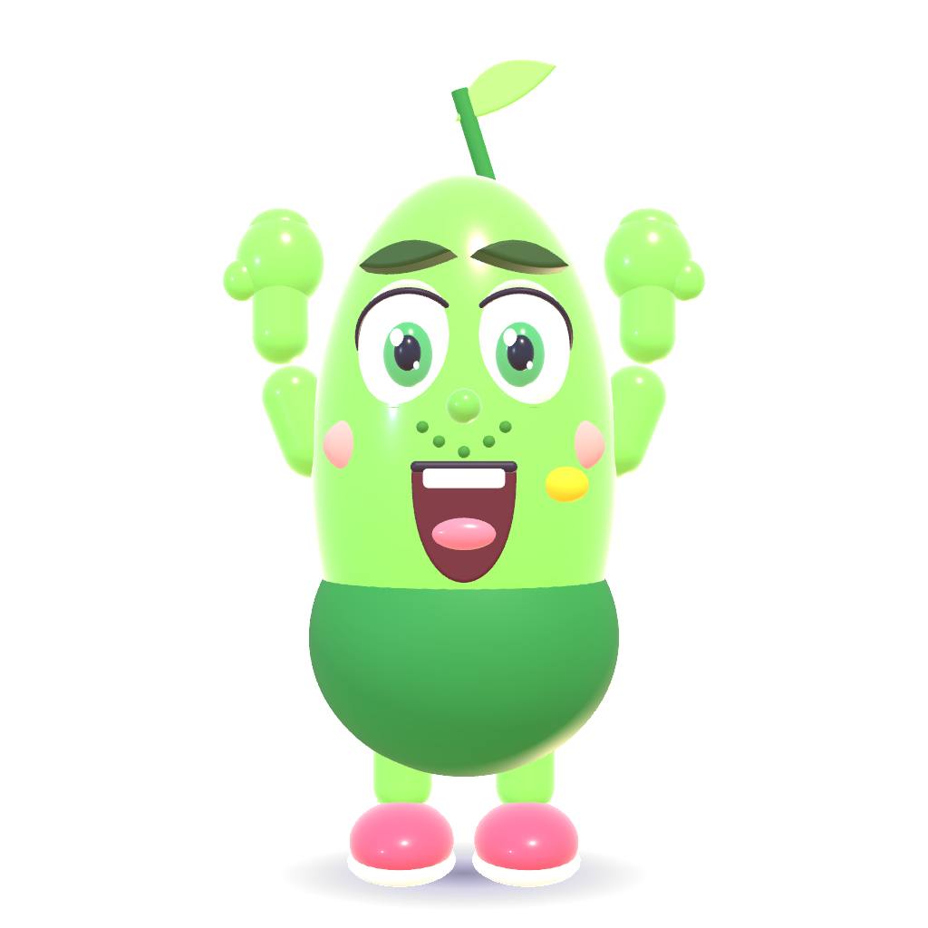 Sprout, the green OutBrick mascot, cheering with both hands raised