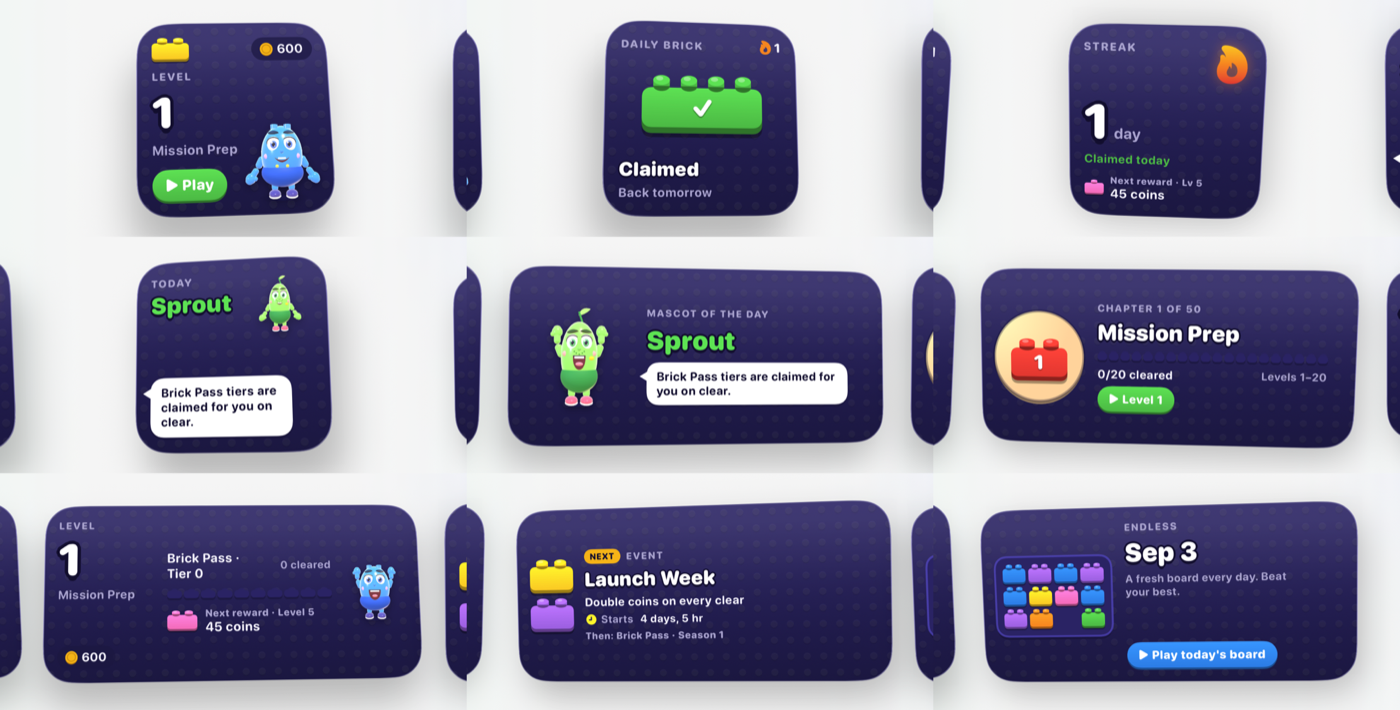 OutBrick Home Screen widget montage showing level, daily brick, streak, mascot, chapter, event, and play-random widgets