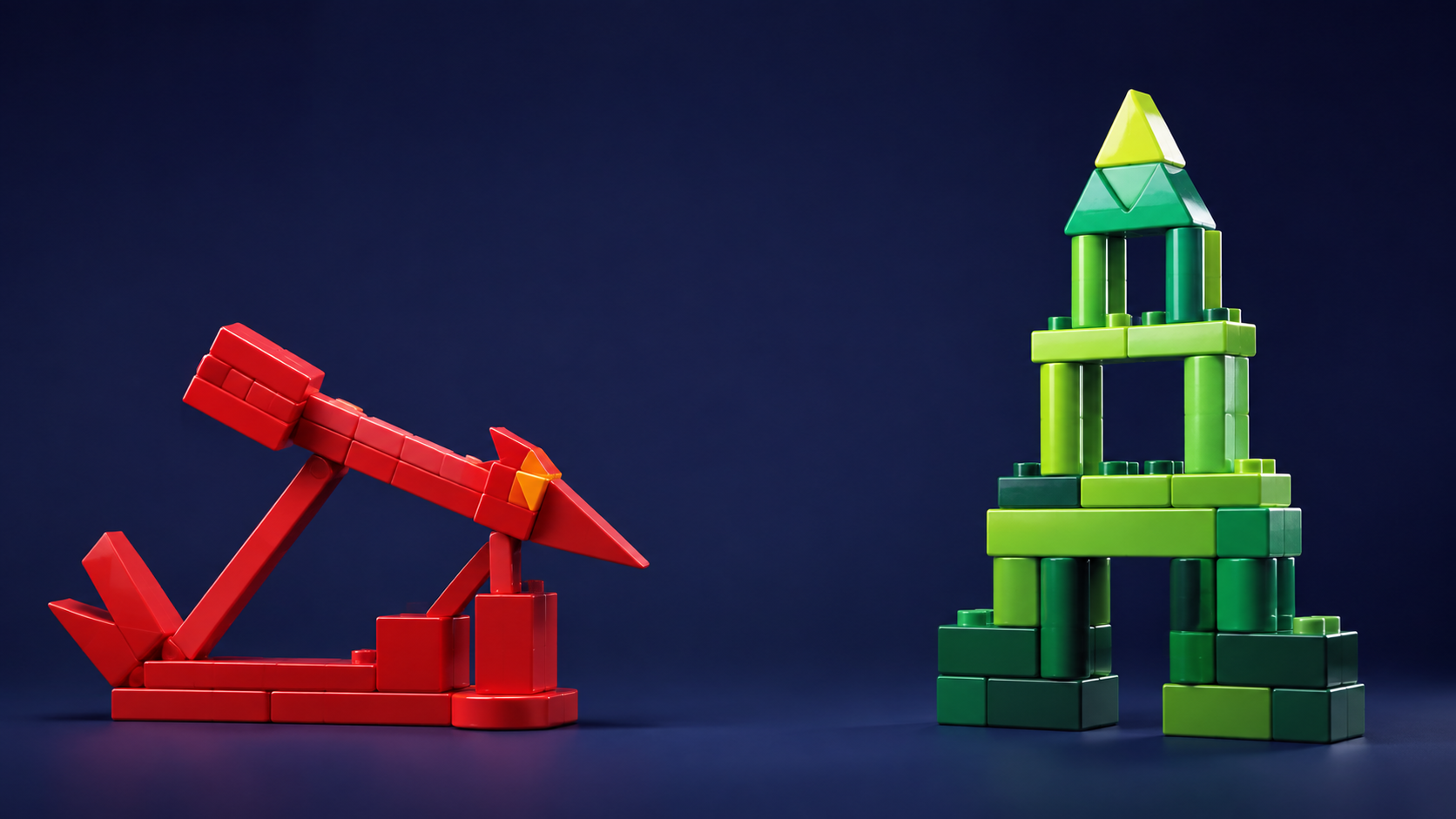 Abstract red launcher blocks aimed at a playful stack of green toy bricks