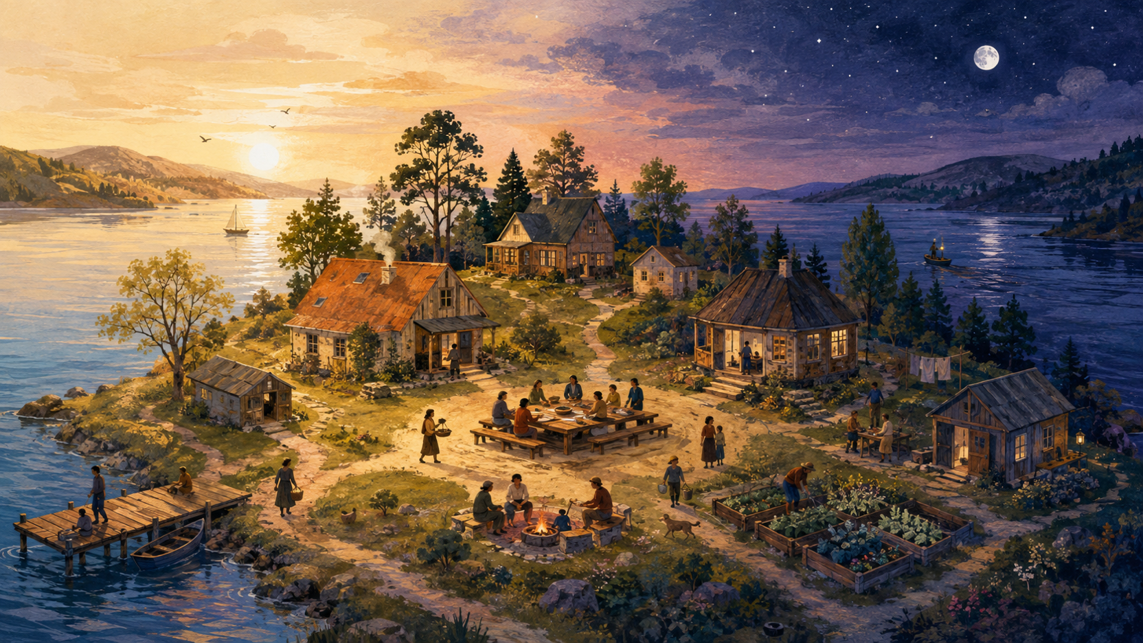 A welcoming island path with a shared table, lanterns, plants, and small homes at dusk