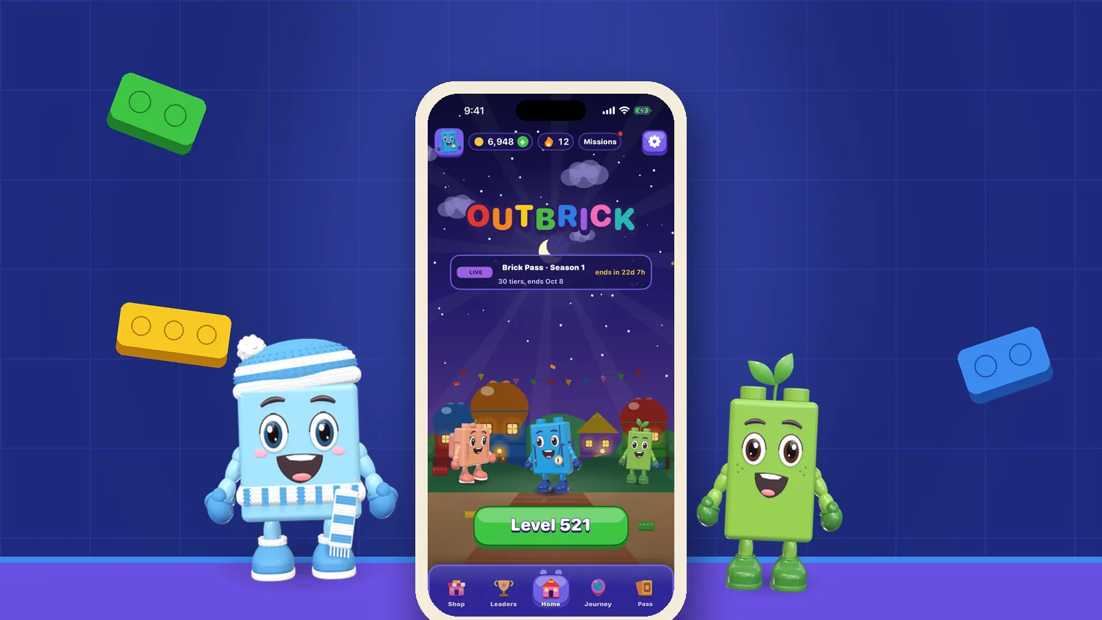 Flurry and Sprout either side of an iPhone showing the OutBrick Home screen under a night sky, on an indigo brick wall