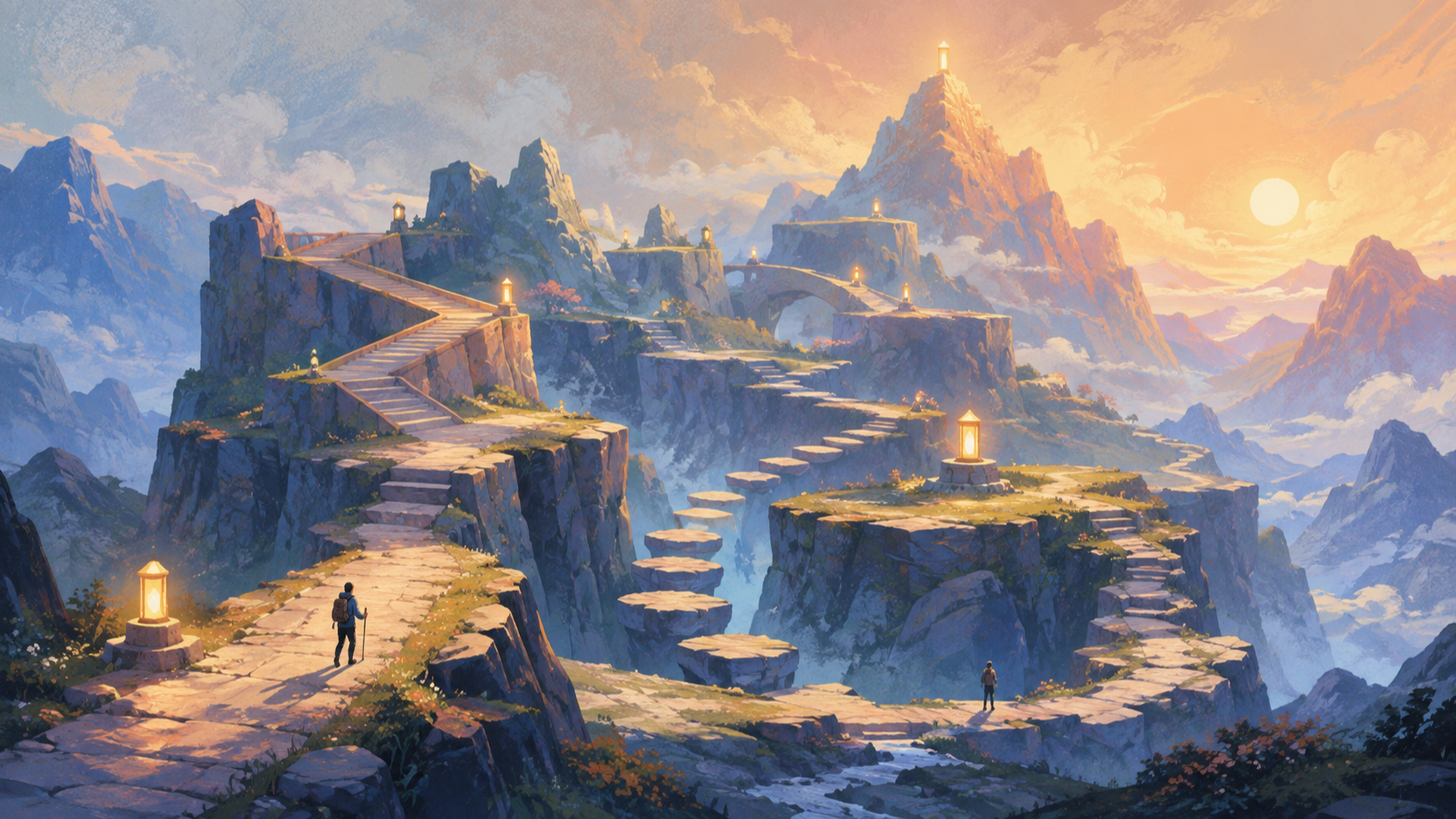 A calm mountain landscape with several clear routes upward and small generic climbers