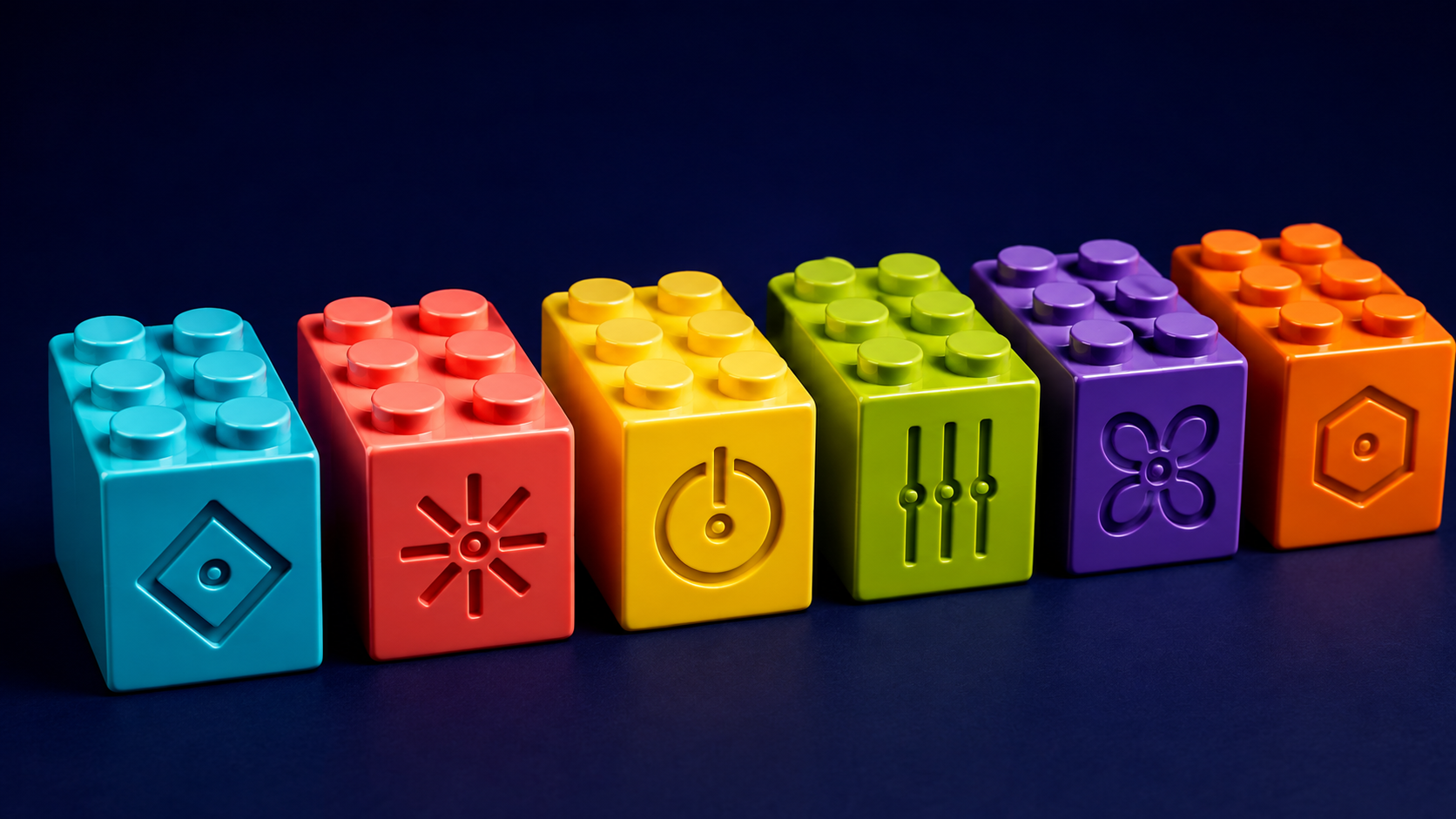 Glossy puzzle bricks with distinct engraved shapes alongside their colors