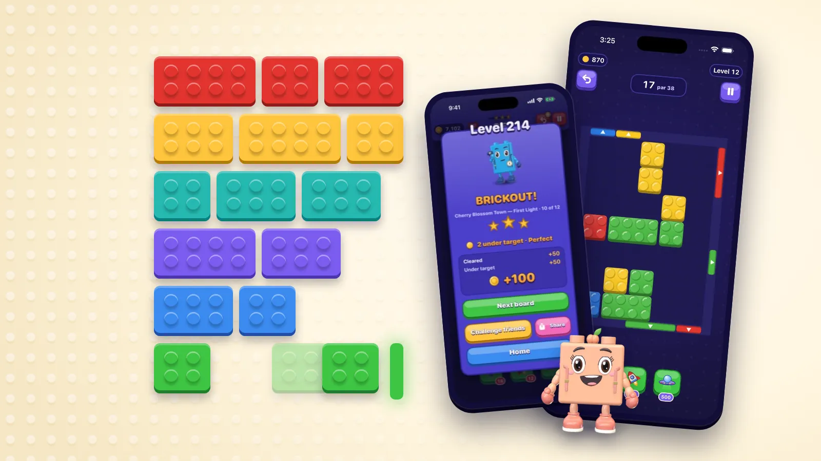 Rows of studded bricks in red, yellow, teal, violet, blue and green on a cream ground, with a real OutBrick board and a three-star clear card