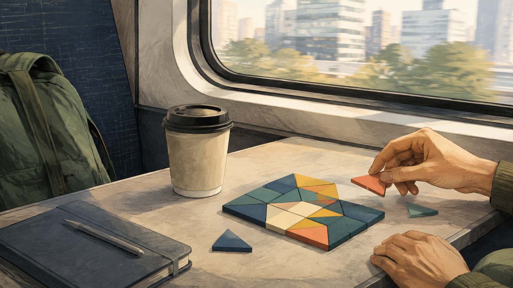 A compact geometric puzzle beside a calm commuter window with a short pause in the day