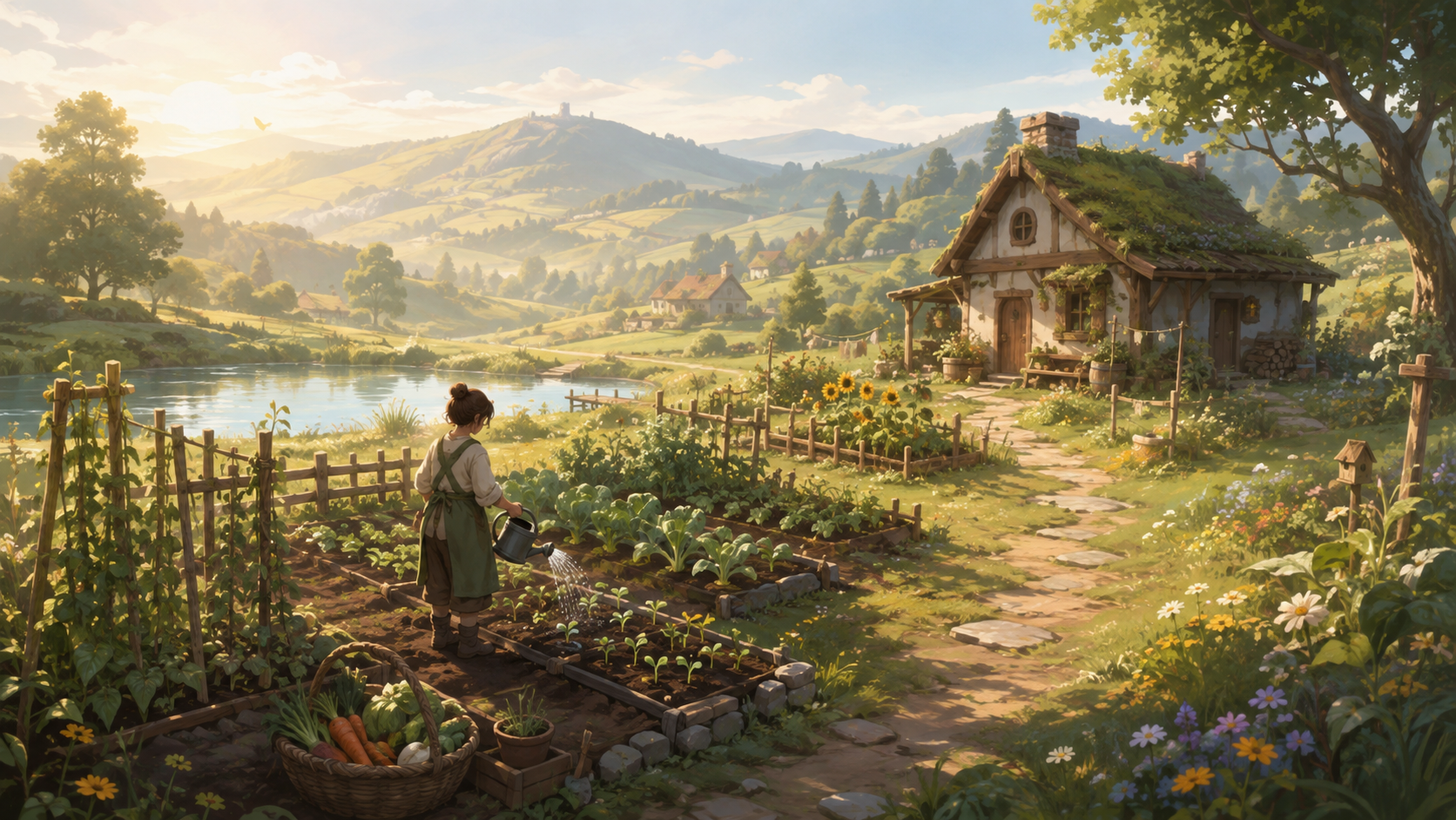 A small garden, cottage, and winding path showing gentle progress at sunrise