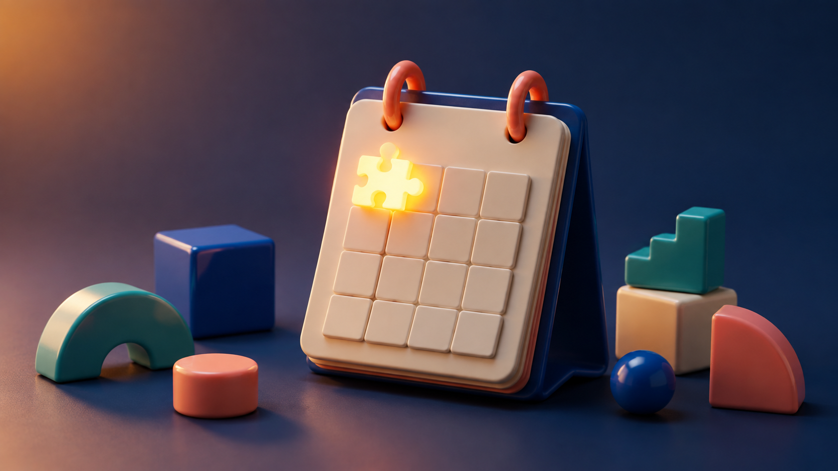 A glowing daily puzzle tile resting on a small toy calendar
