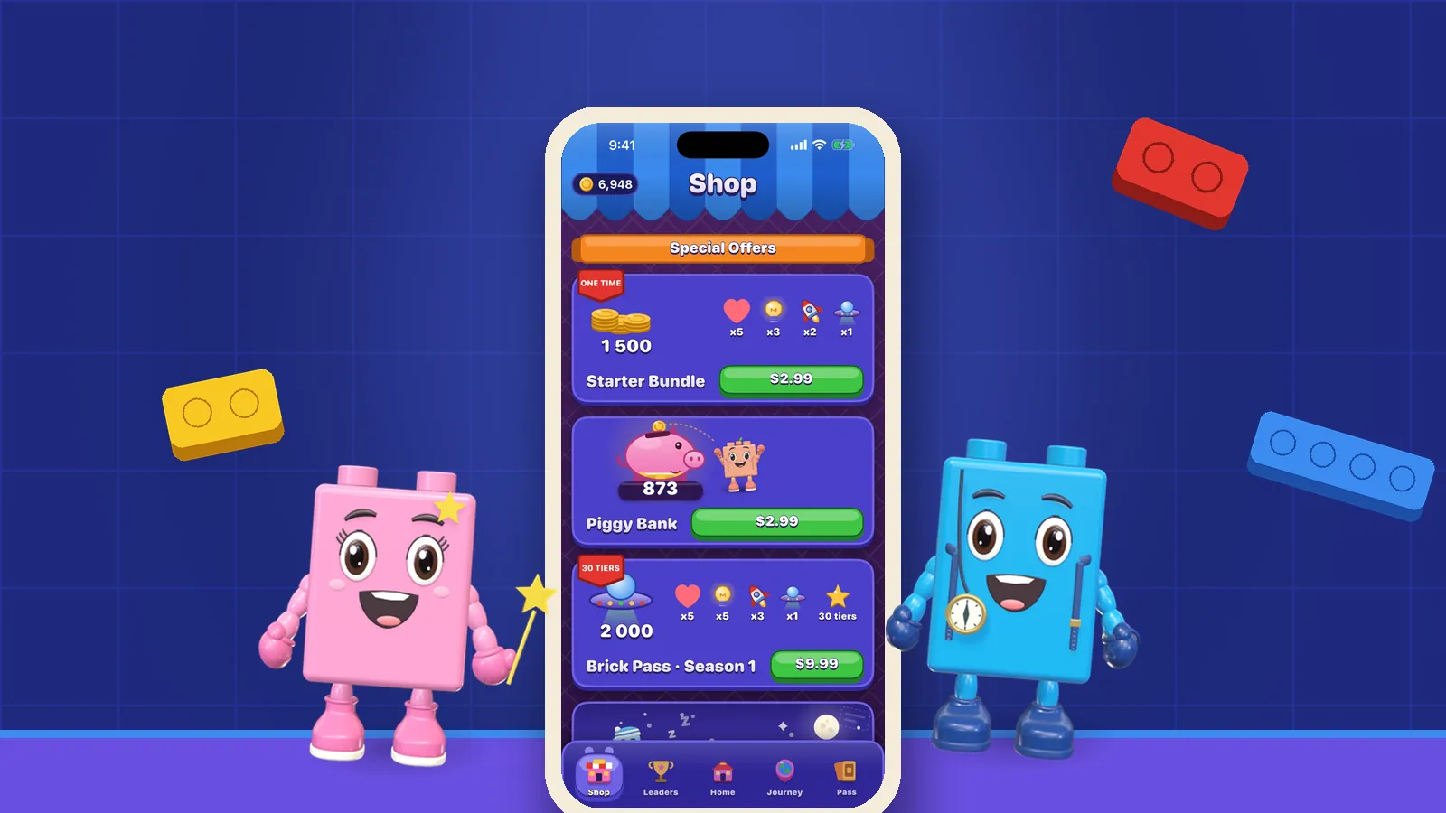 An iPhone showing the OutBrick shop with its special offers and Brick Pass, between Poppy with a star-tipped wand and Bloo with his watch