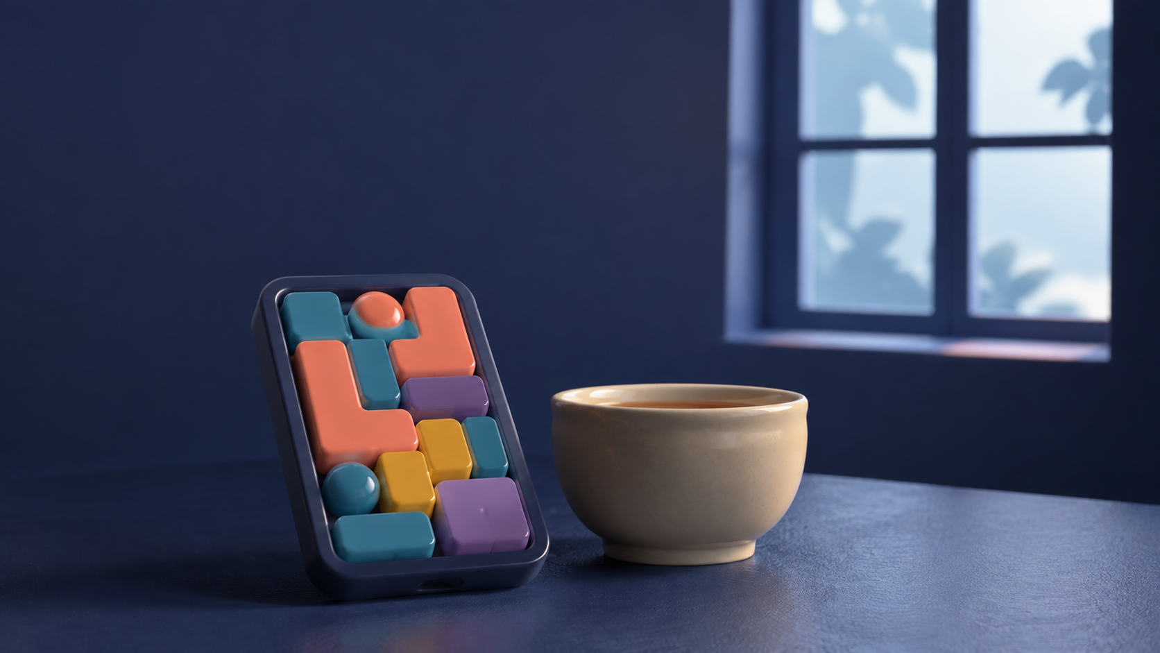 A phone-sized puzzle session beside a teacup and a bright window