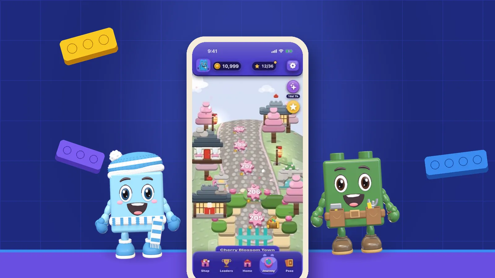Flurry and Moss beside an iPhone showing the OutBrick Journey map winding through Cherry Blossom Town, with floating bricks on an indigo wall