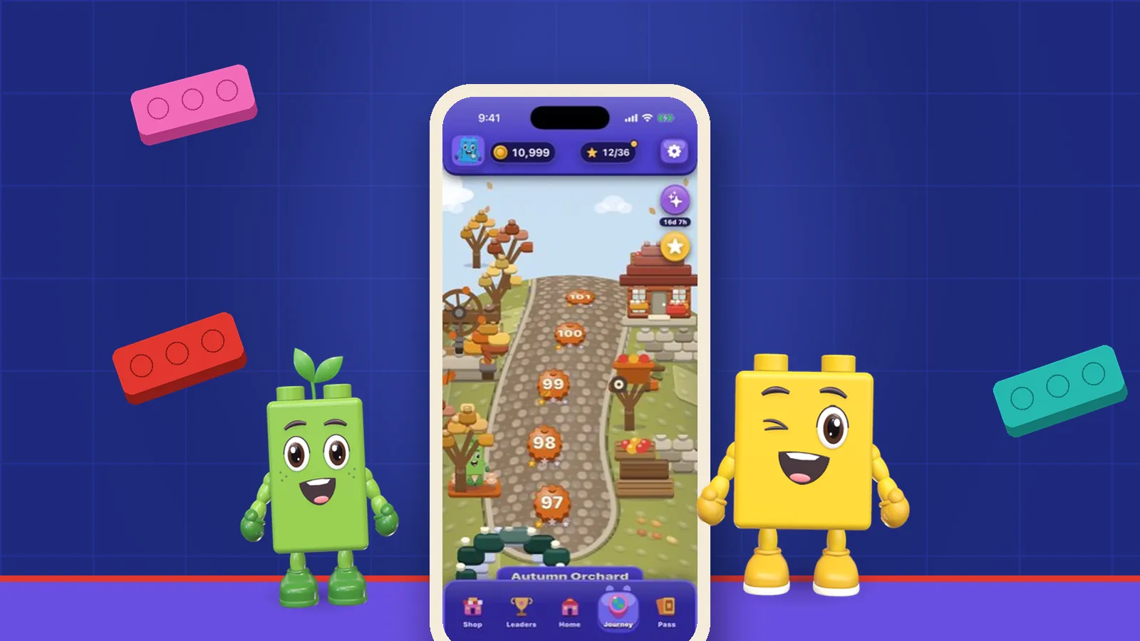 Sprout and a winking yellow brick friend either side of a phone showing the OutBrick Journey map at Autumn Orchard