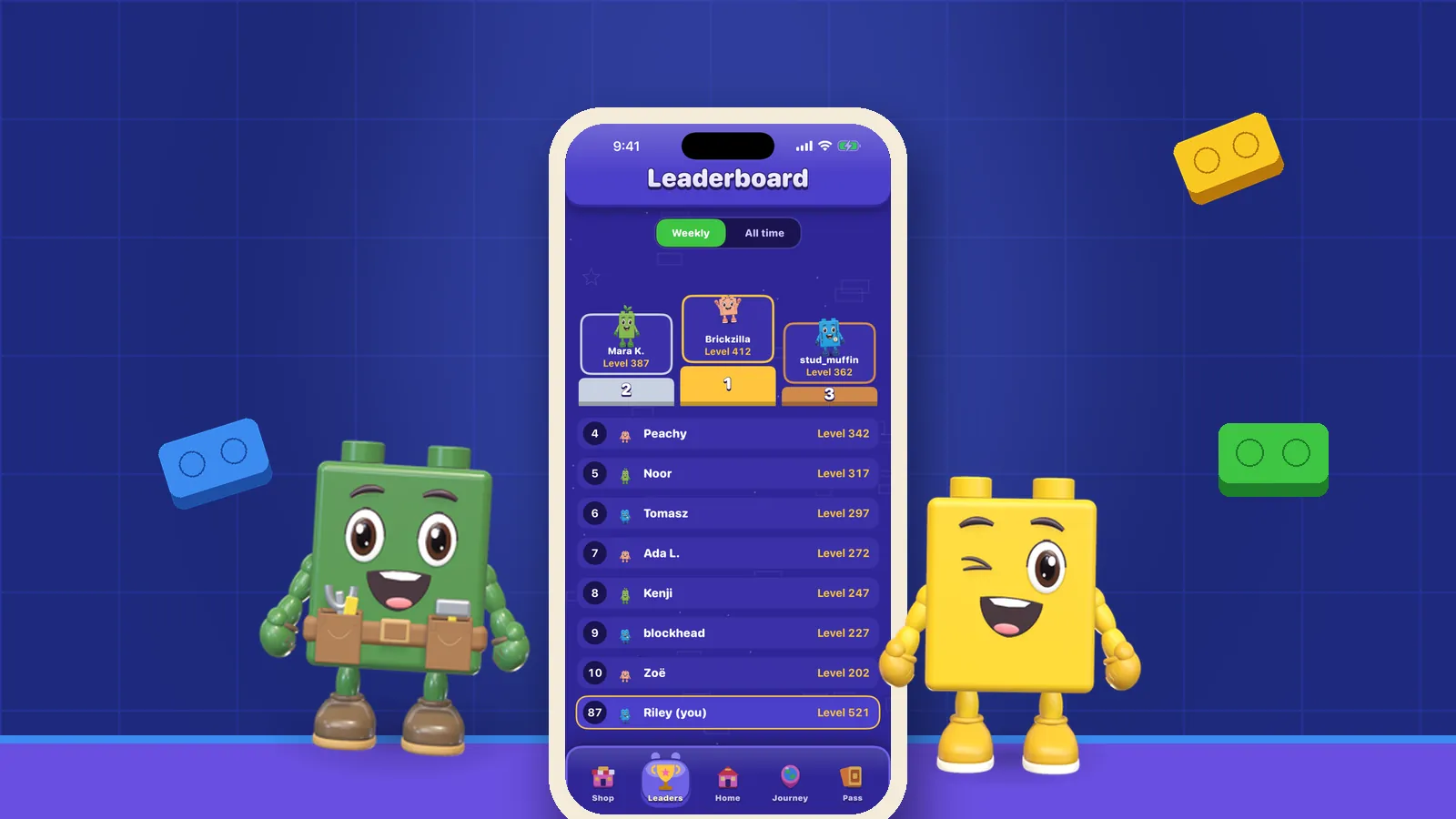 Moss in his tool belt and a winking Zippy either side of an iPhone showing the OutBrick weekly leaderboard, on an indigo brick wall