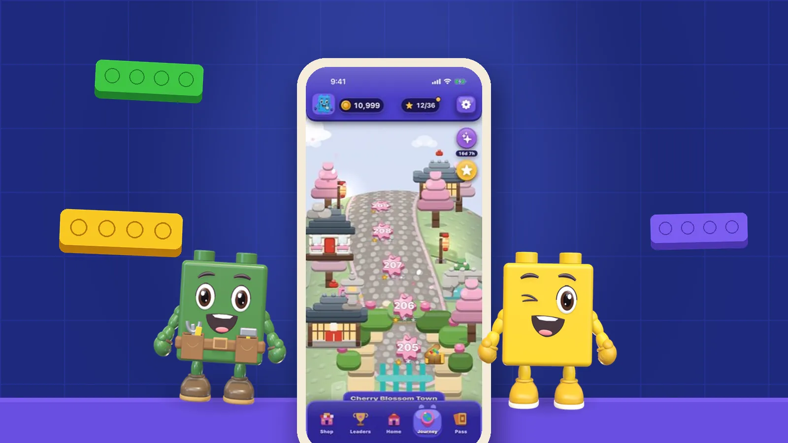 An iPhone showing the OutBrick Journey map in Cherry Blossom Town, between Moss in his tool belt and a winking yellow Zippy