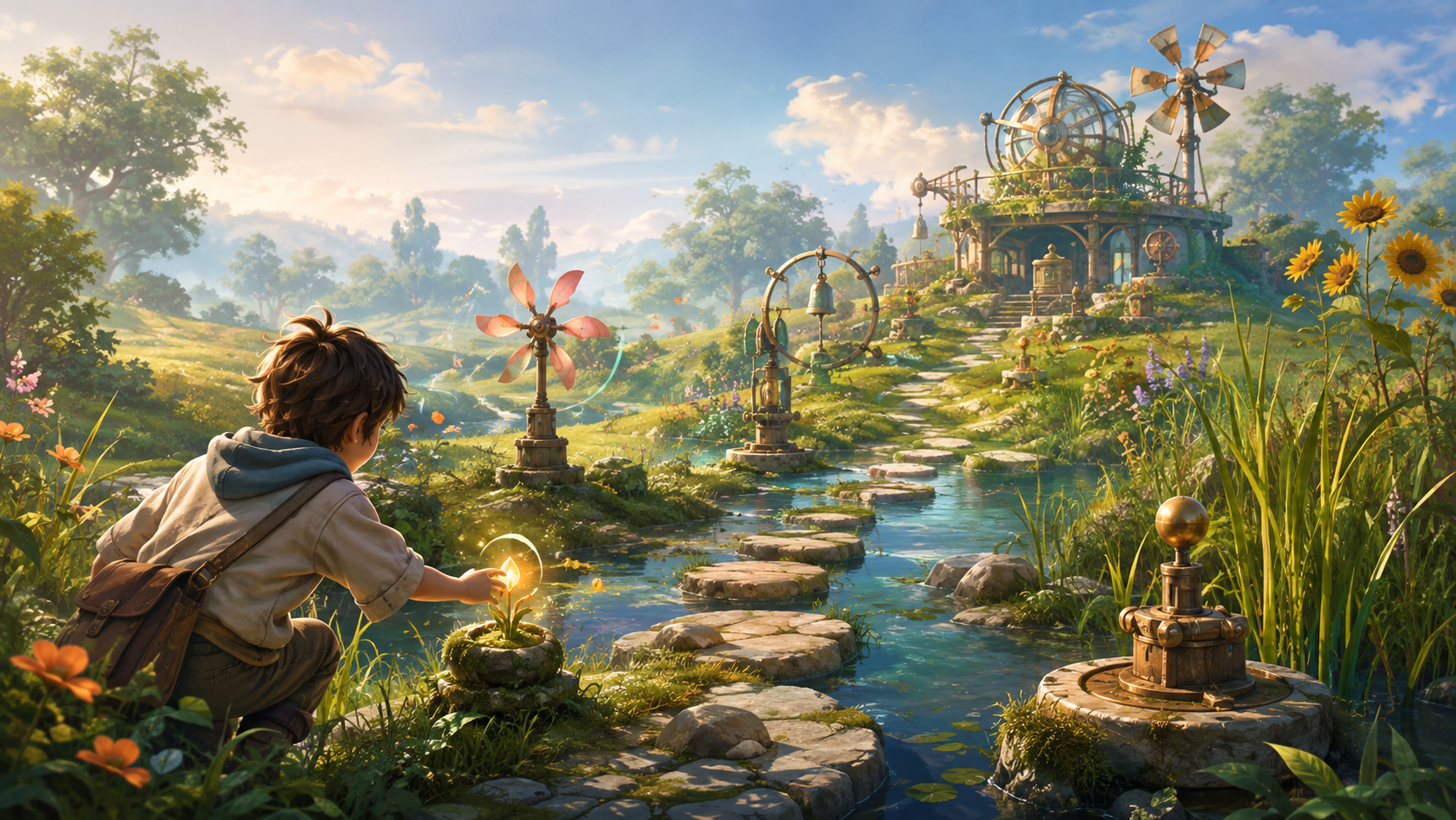 A young player investigates responsive clues in a sunny meadow leading toward a kinetic observatory
