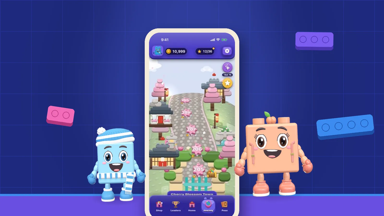 Flurry in a striped bobble hat and Peach stand either side of an iPhone showing the OutBrick Journey map at Cherry Blossom Town, on an indigo brick wall