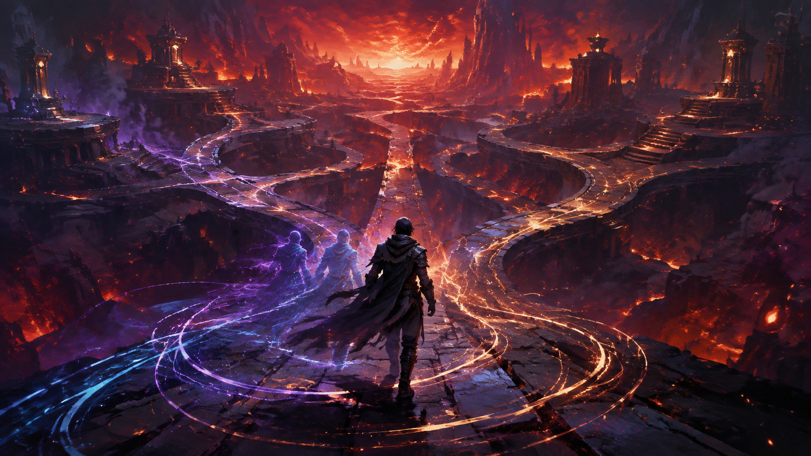 A lone adventurer follows branching luminous paths through a crimson and indigo underworld